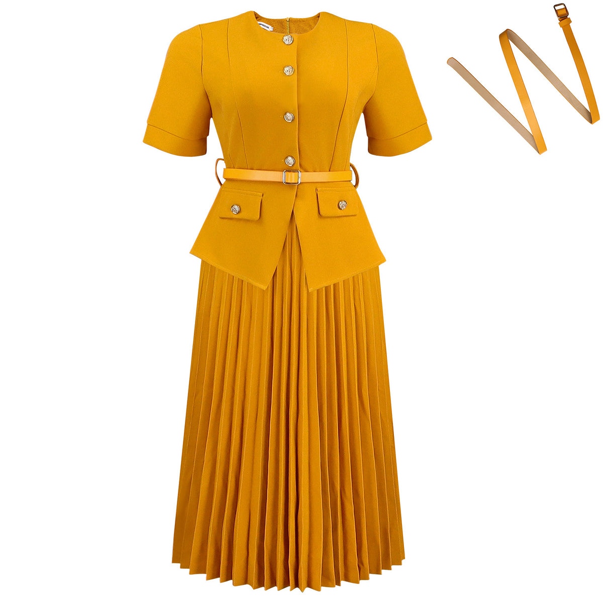 Pleated Faux Two Piece Midi Dress with Belt