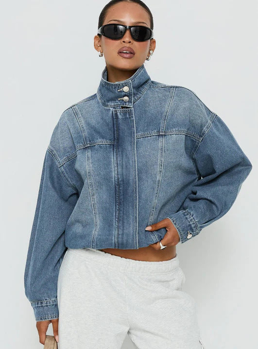 Stand Collar Washed Denim Jacket