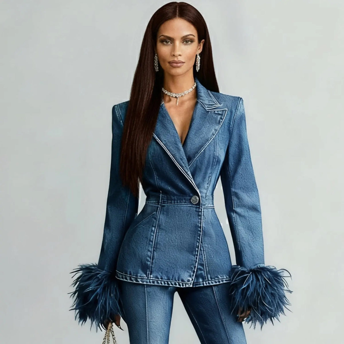 Feather Trim Tailored Denim Jacket for Women