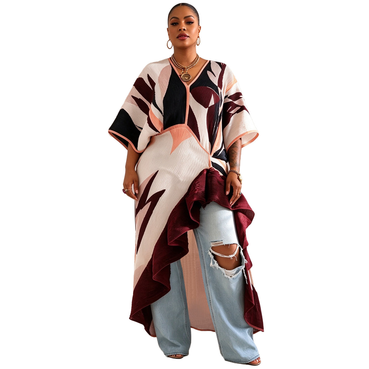 Color Block Pleated High Low Ruffle Cover Up