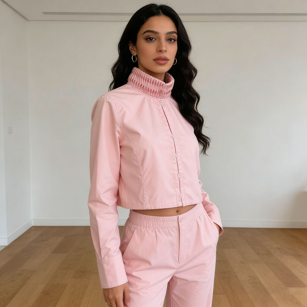 Ruched Stand Collar Zip Shirt-boutique