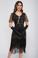 1920s Sequin Fringe Short Sleeve Flapper Dress