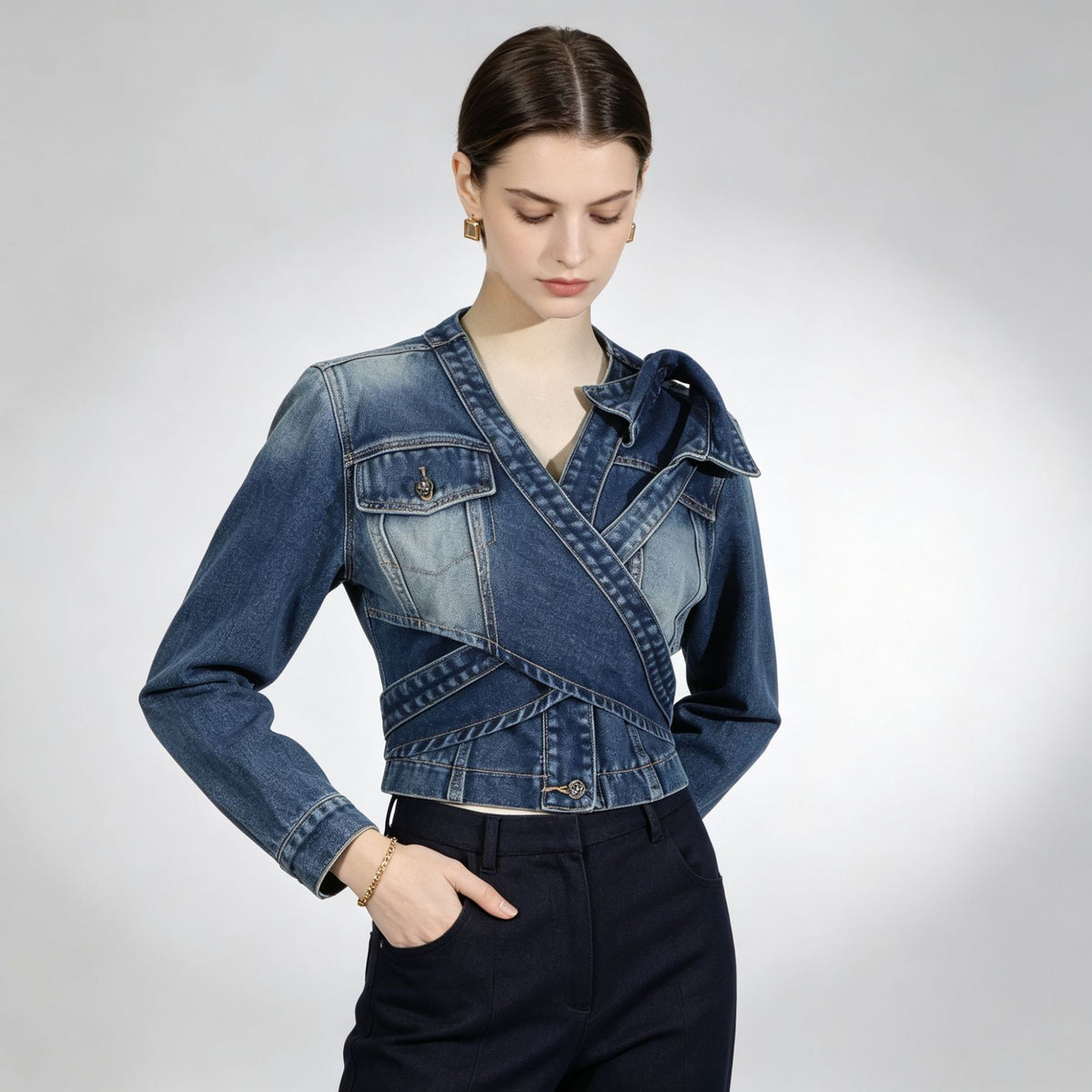 Asymmetric Tie Front Cropped Denim Jacket-boutique