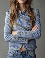 Stand Collar Military Button Denim Jacket