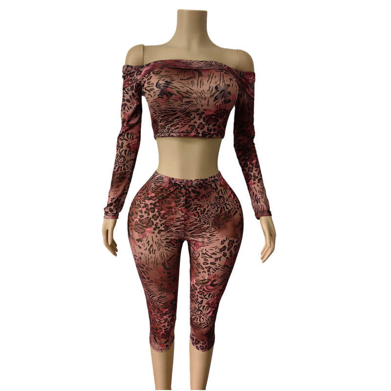 Animal Print Off Shoulder Top and Capri Pants Set