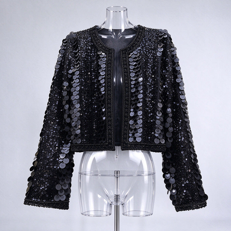 Sequin Beaded Round Neck Crop Jacket-boutique