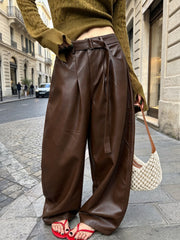 High Waist Pleated Wide Leg Faux Leather Pants-boutique