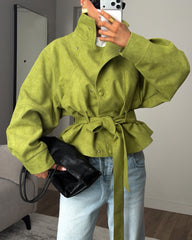 Belted Stand Collar Cropped Trench Jacket