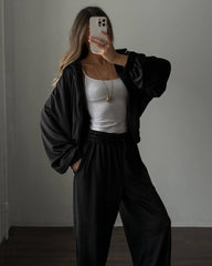 Stand Collar Zip Jacket and Wide Leg Pants Set