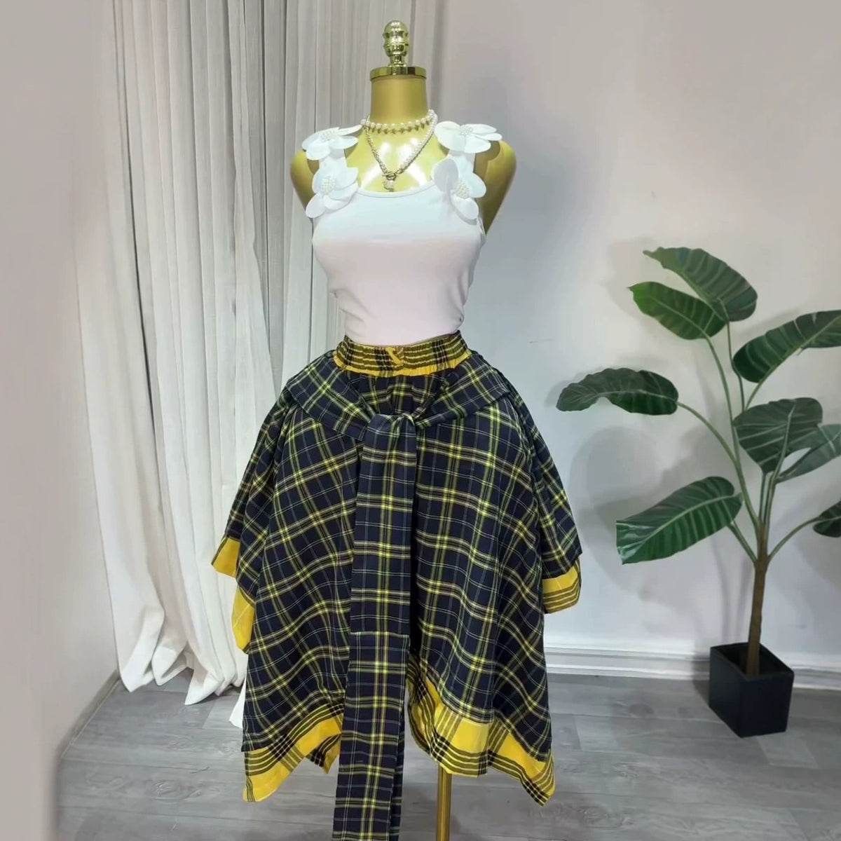 Plaid Tie Waist Asymmetric A Line Skirt