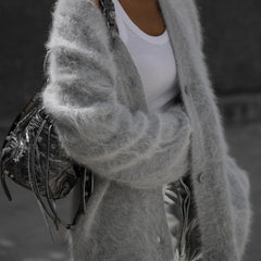 Fuzzy V Neck Button Front Knit Cardigan
