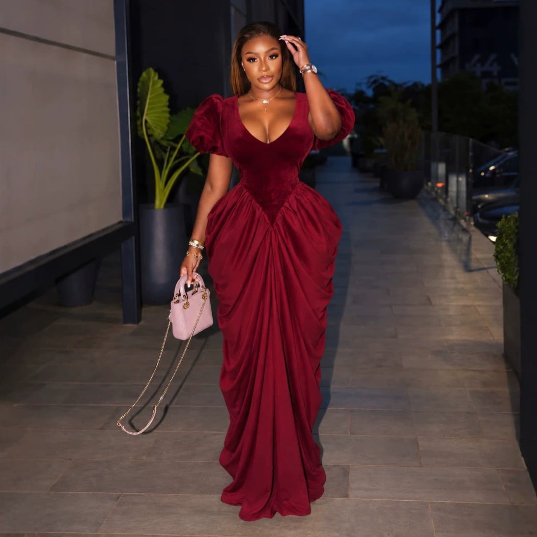 Plus Size Ruched V Neck Maxi Dress