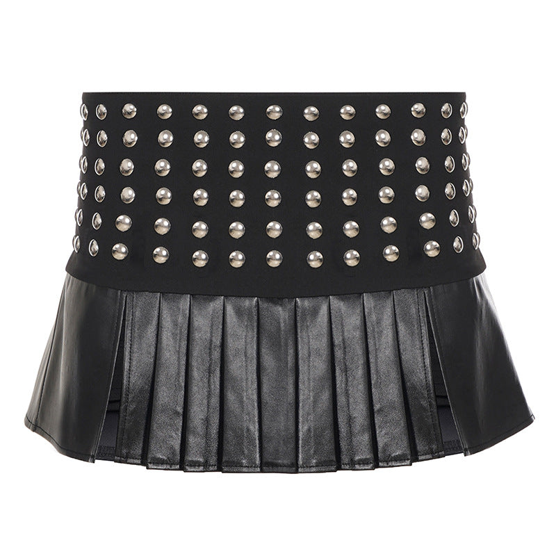 Studded Leather Look Pleated Mini Skirt