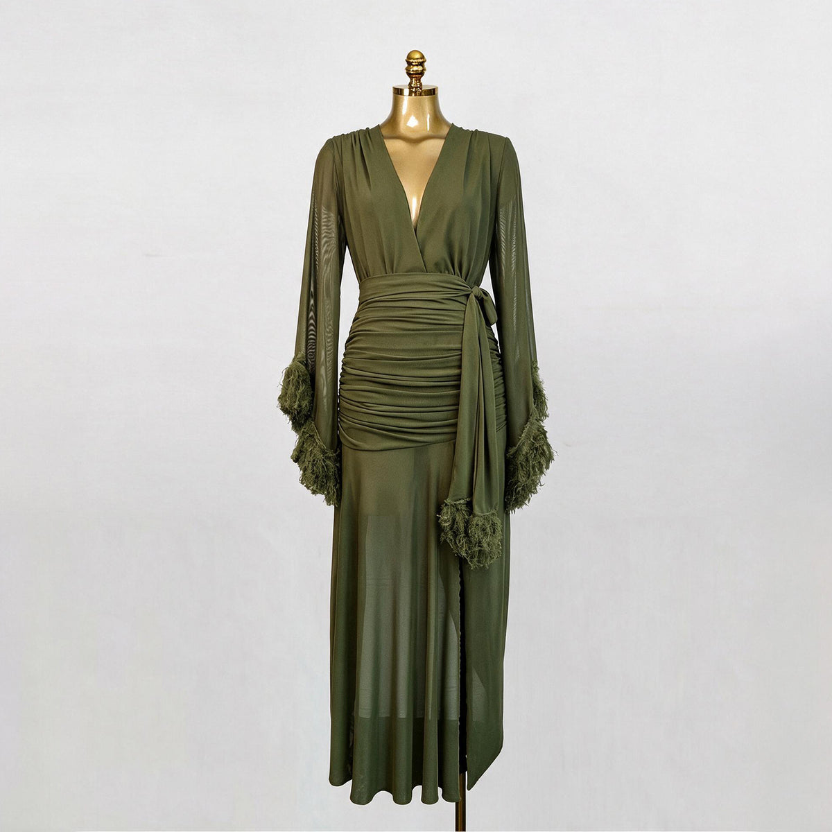 Feather Trim Asymmetric V Neck Dress-boutique