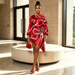 Abstract Print One Shoulder Mini Dress