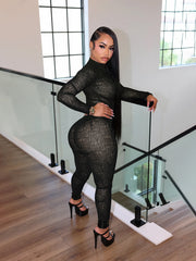 Mock Neck Zip Crop Top and Fitted Pants Set