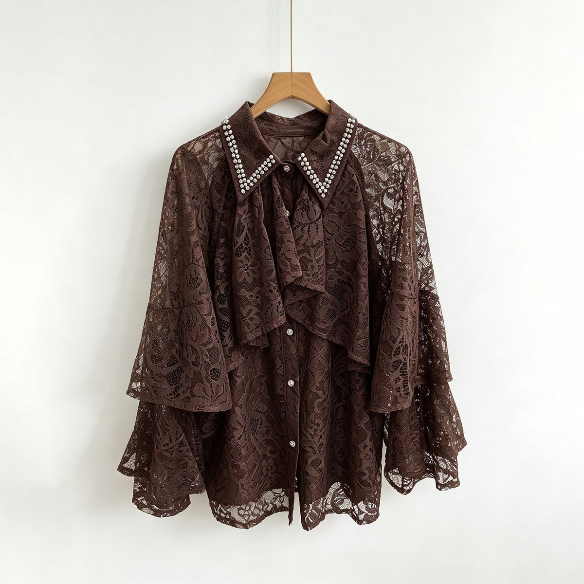 Rhinestone Lace Ruffle Collar Blouse-boutique