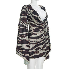 Abstract Print Deep V Flowy Sleeve Mini Dress