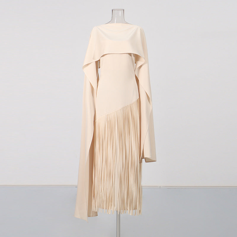 Fringe Cape One Shoulder Maxi Dress-boutique