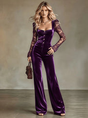 Lace Sleeve Square Neck Wide Leg Jumpsuit