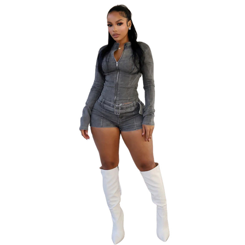 Zip Denim Jacket and Belted Shorts Set