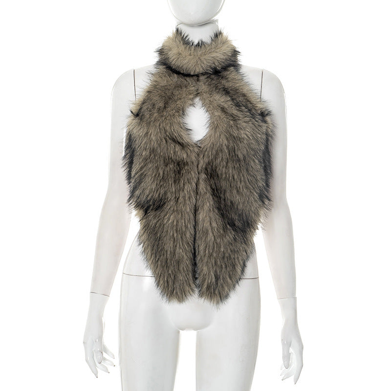 Sexy Faux Fur Hollow Out Slim Backless Halter Top