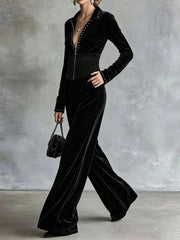 Stud Trim Zip Front Wide Leg Jumpsuit