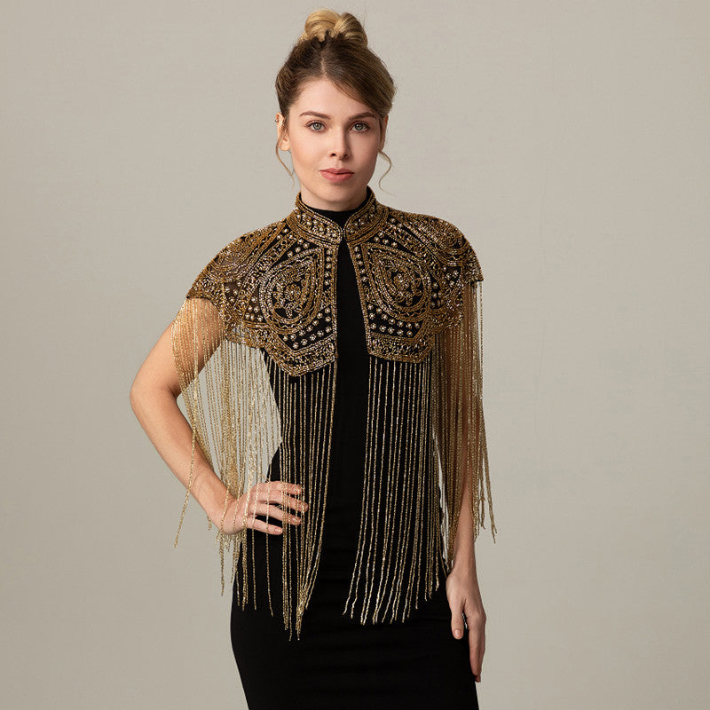 Hand Beaded Long Fringe Evening Cape-boutique