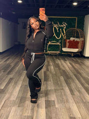 Contrast Piping Zip Hoodie and Pants Set