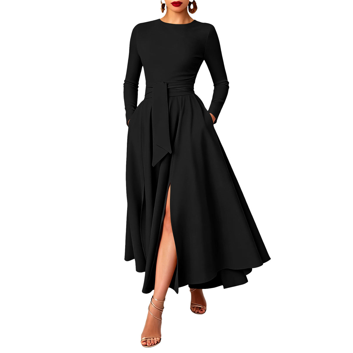 Women's Tie Waist Split Hem Maxi Dress
