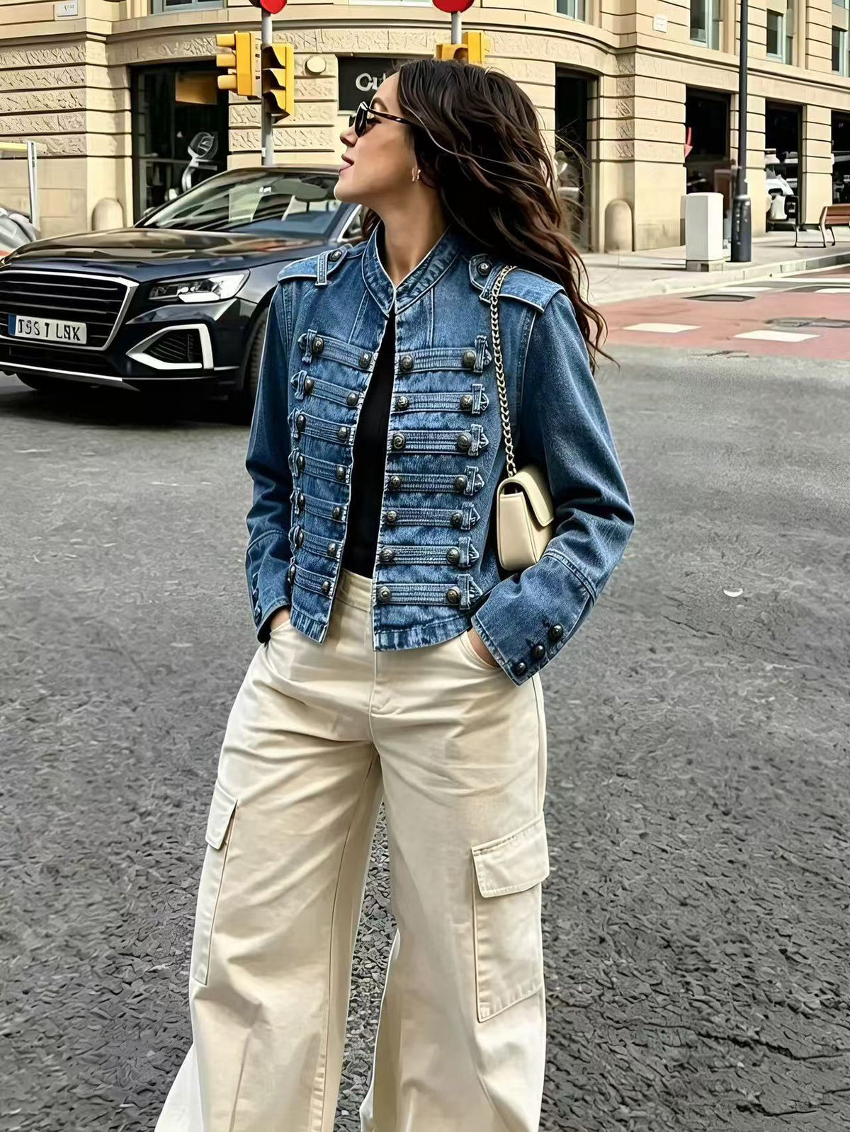 Military Button Trim Cropped Denim Jacket