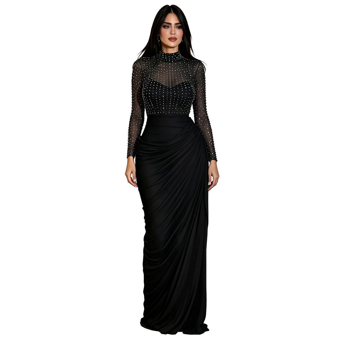 Beaded High Neck Mesh Long Sleeve Evening Dress