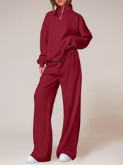 Zip Collar Top and Wide Leg Pants Set