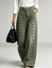 Metal Button High Waist Wide Leg Jeans