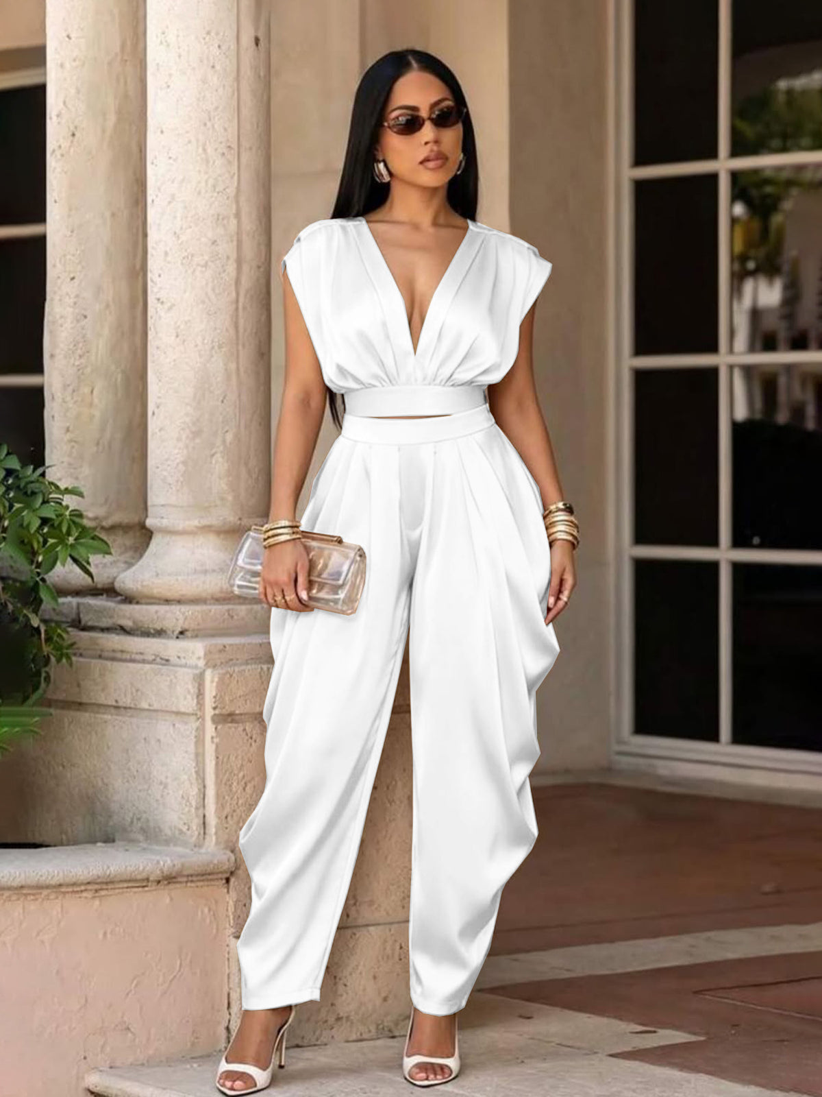 Deep V Tie Waist Top and Pants Set