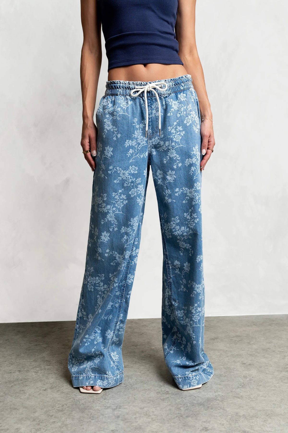 Printed Elastic Waist Denim Pants