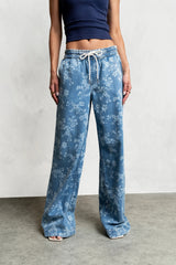 Printed Elastic Waist Denim Pants
