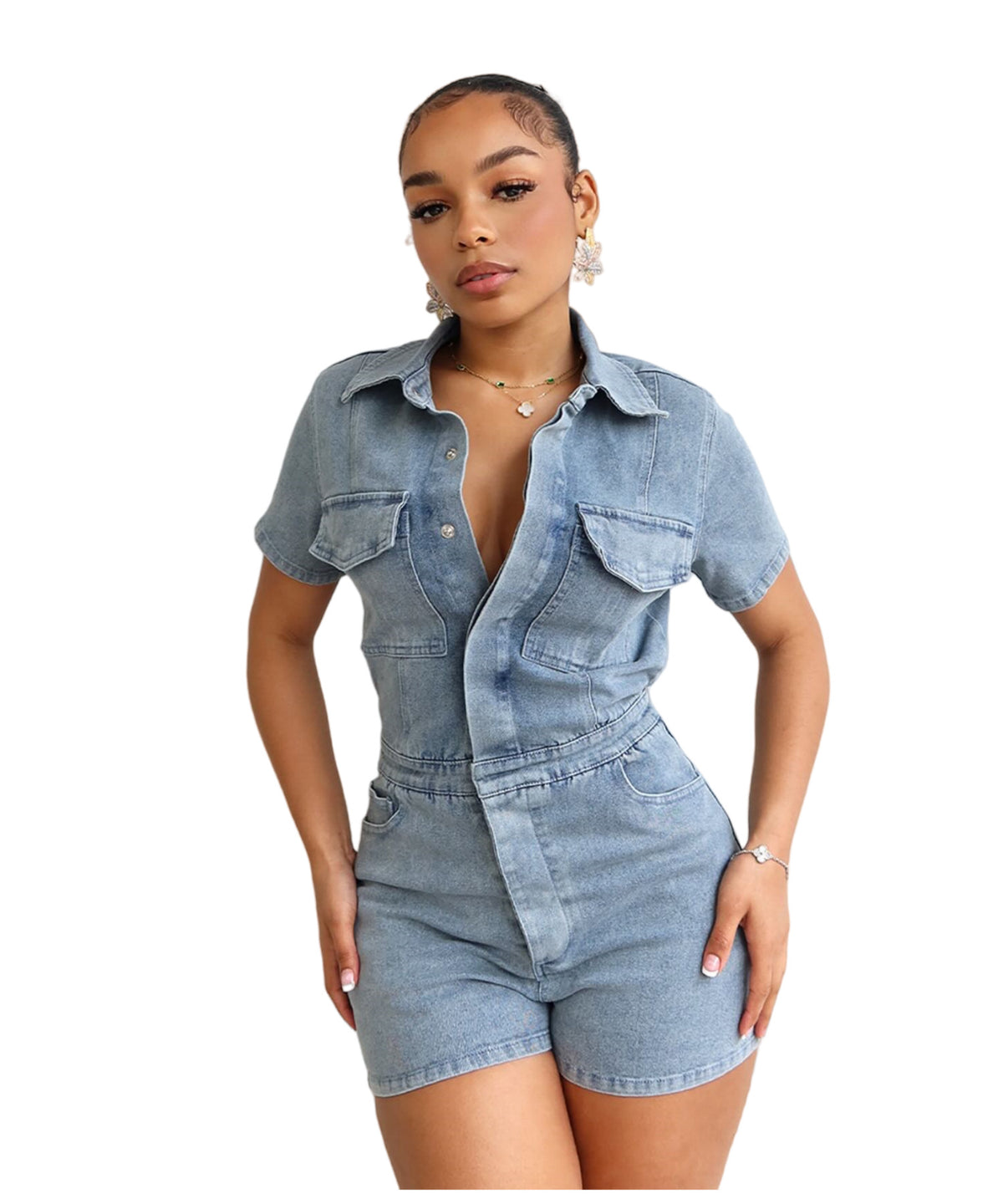 Lapel Short Sleeve Denim Slim If Romper