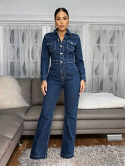 Contrast Stitch Long Sleeve Denim Jumpsuit-boutique