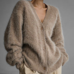 Fuzzy V Neck Button Front Knit Cardigan