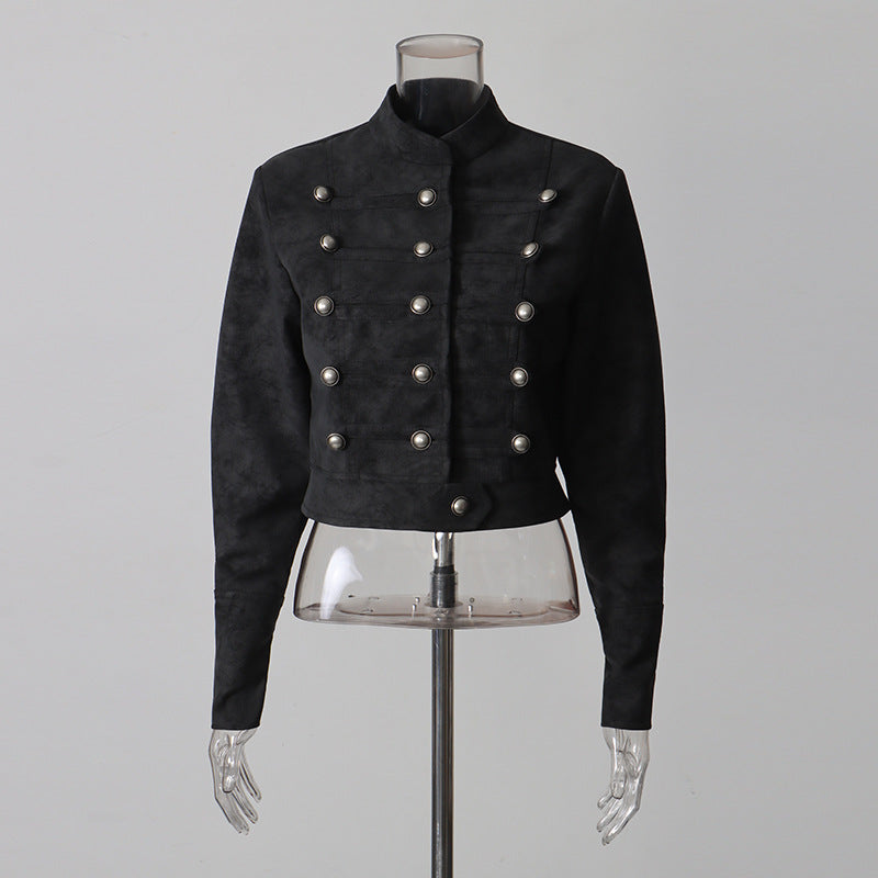 Military Button Stand Collar Crop Jacket-boutique