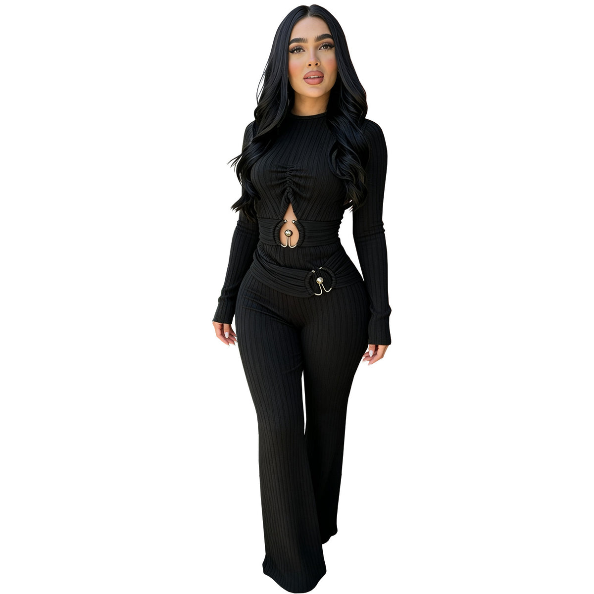 Women's Cutout Long Sleeve Flare Jumpsuit