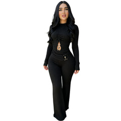 Cutout Long Sleeve Flare Leg Jumpsuit