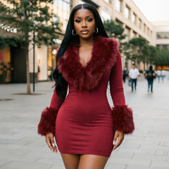 Faux Fur Long Sleeve Bodycon Mini Dress