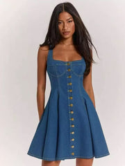 Button Front Denim A Line Mini Dress