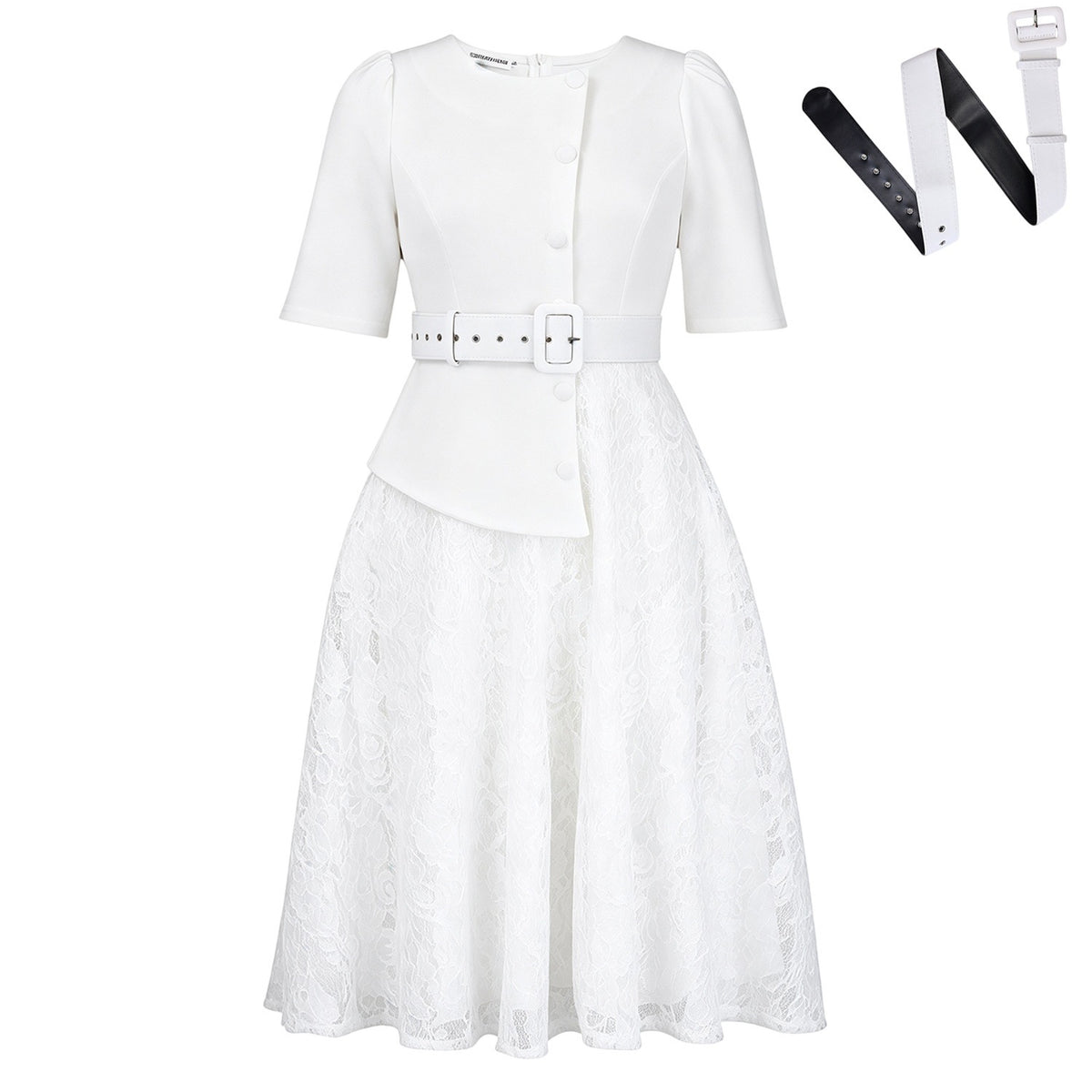 Lace Panel Belted Two Piece Look Dress