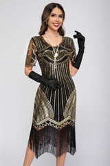 1920s Sequin Fringe Short Sleeve Dress