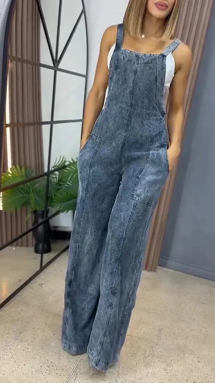 Pocket Wide Leg Denim Jumpsuit