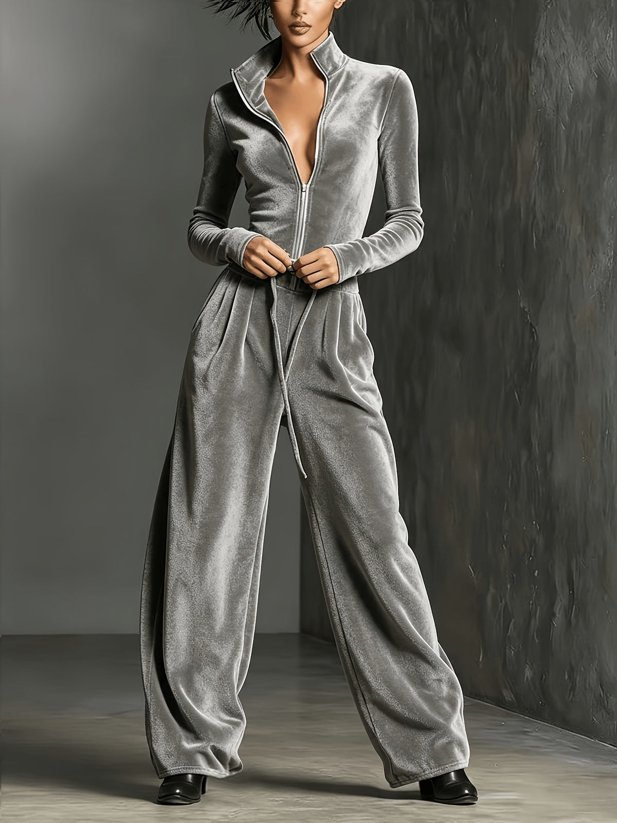 Velvet Zip Front Tie Waist Wide Leg Jumpsuit