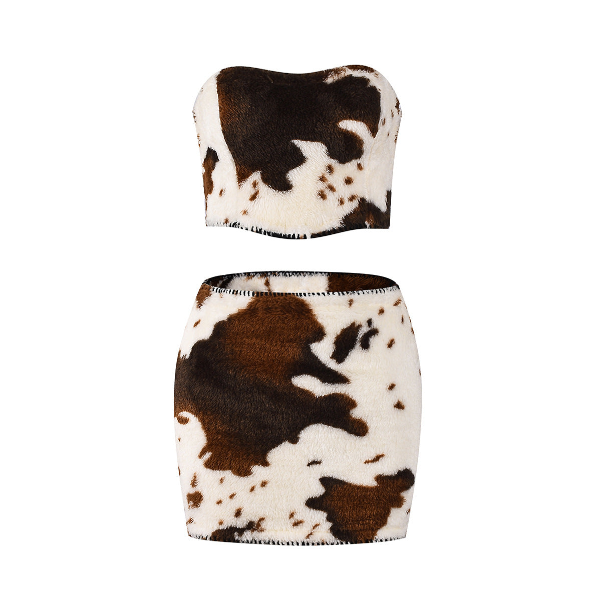 Leopard Faux Fur Tube Top and Mini Skirt Set